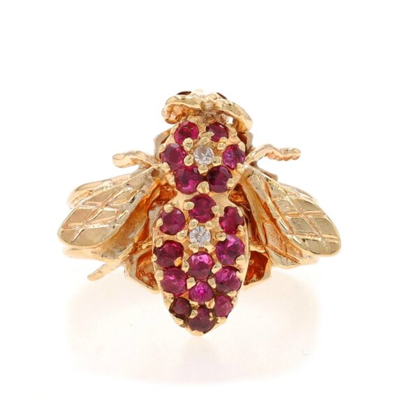 Yellow Gold Ruby Diamond Bee on Honeycomb Cluster Cocktail Ring